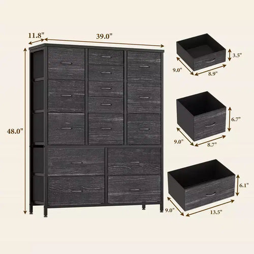 Commode Haute à 15 Tiroirs en Tissu avec Plateau en Bois et Cadre en Métal Robuste, Commode de Rangement Imprimée Grain de Bois pour Chambre, Salon et Couloir