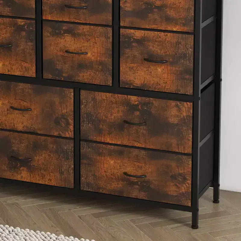 Commode Haute à 15 Tiroirs en Tissu avec Plateau en Bois et Cadre en Métal Robuste, Commode de Rangement Imprimée Grain de Bois pour Chambre, Salon et Couloir