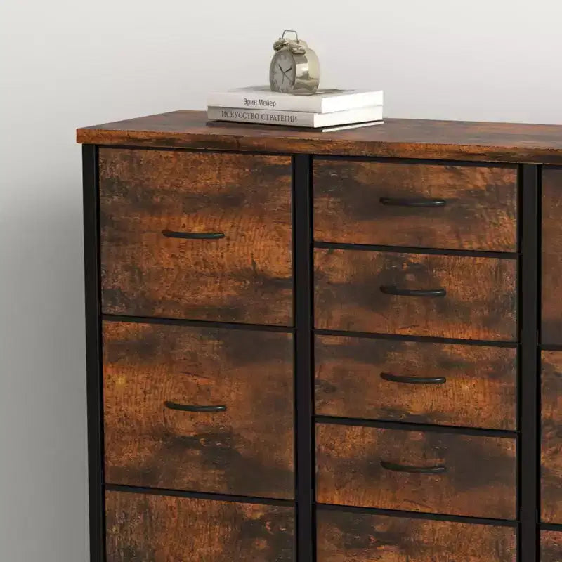 Commode Haute à 15 Tiroirs en Tissu avec Plateau en Bois et Cadre en Métal Robuste, Commode de Rangement Imprimée Grain de Bois pour Chambre, Salon et Couloir
