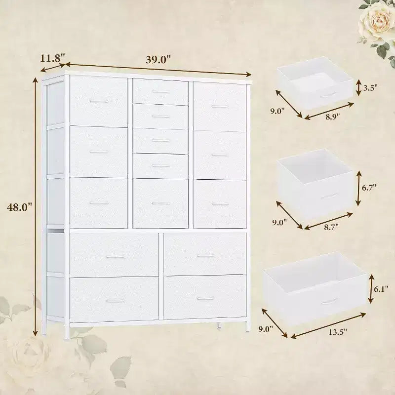 Commode Haute à 15 Tiroirs en Tissu avec Plateau en Bois et Cadre en Métal Robuste, Commode de Rangement Imprimée Grain de Bois pour Chambre, Salon et Couloir