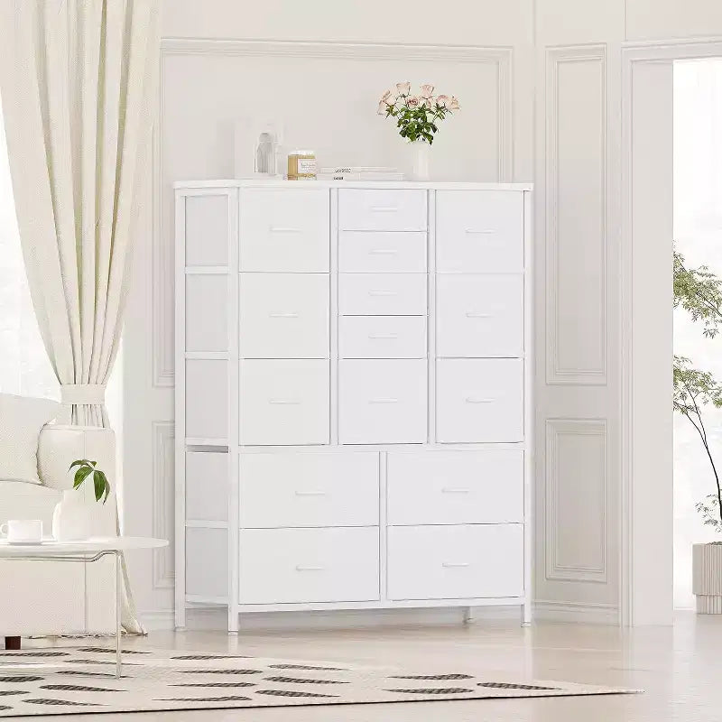 Commode Haute à 15 Tiroirs en Tissu avec Plateau en Bois et Cadre en Métal Robuste, Commode de Rangement Imprimée Grain de Bois pour Chambre, Salon et Couloir