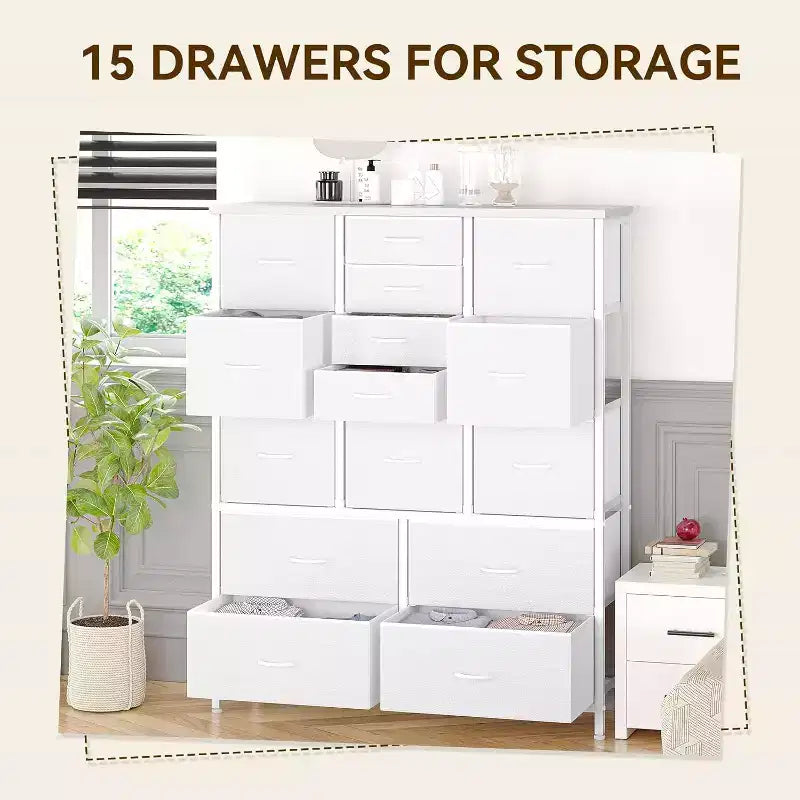 Commode Haute à 15 Tiroirs en Tissu avec Plateau en Bois et Cadre en Métal Robuste, Commode de Rangement Imprimée Grain de Bois pour Chambre, Salon et Couloir