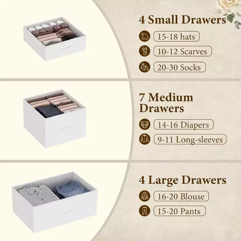 Commode Haute à 15 Tiroirs en Tissu avec Plateau en Bois et Cadre en Métal Robuste, Commode de Rangement Imprimée Grain de Bois pour Chambre, Salon et Couloir