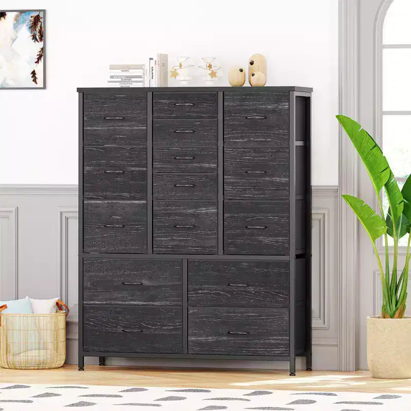 Commode Haute à 15 Tiroirs en Tissu avec Plateau en Bois et Cadre en Métal Robuste, Commode de Rangement Imprimée Grain de Bois pour Chambre, Salon et Couloir