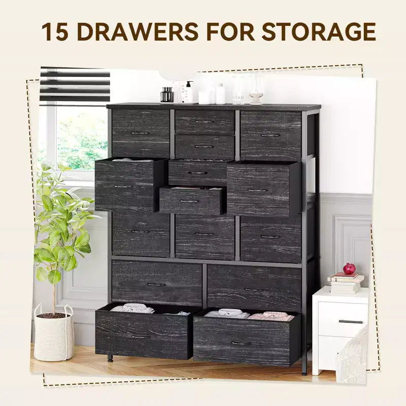 Commode Haute à 15 Tiroirs en Tissu avec Plateau en Bois et Cadre en Métal Robuste, Commode de Rangement Imprimée Grain de Bois pour Chambre, Salon et Couloir