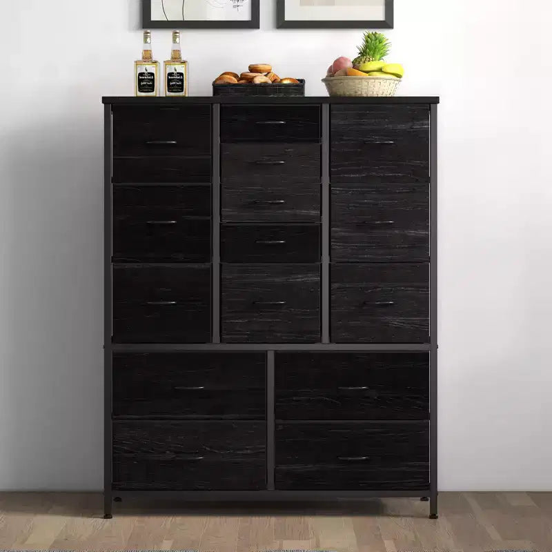 Commode Haute à 15 Tiroirs en Tissu avec Plateau en Bois et Cadre en Métal Robuste, Commode de Rangement Imprimée Grain de Bois pour Chambre, Salon et Couloir