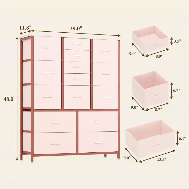 Commode Haute à 15 Tiroirs en Tissu avec Plateau en Bois et Cadre en Métal Robuste, Commode de Rangement Imprimée Grain de Bois pour Chambre, Salon et Couloir