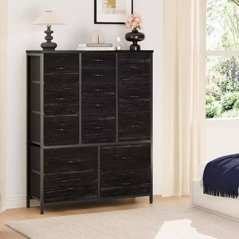 COZONY 15-Drawer Fabric Tall Dresser with Wood Top & Sturdy Metal Frame, Wood Grain Print  Storage Chest for Bedroom, Living Room & Hallway