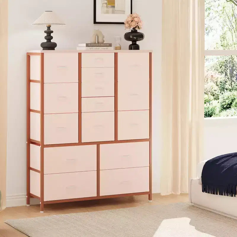 Commode Haute à 15 Tiroirs en Tissu avec Plateau en Bois et Cadre en Métal Robuste, Commode de Rangement Imprimée Grain de Bois pour Chambre, Salon et Couloir