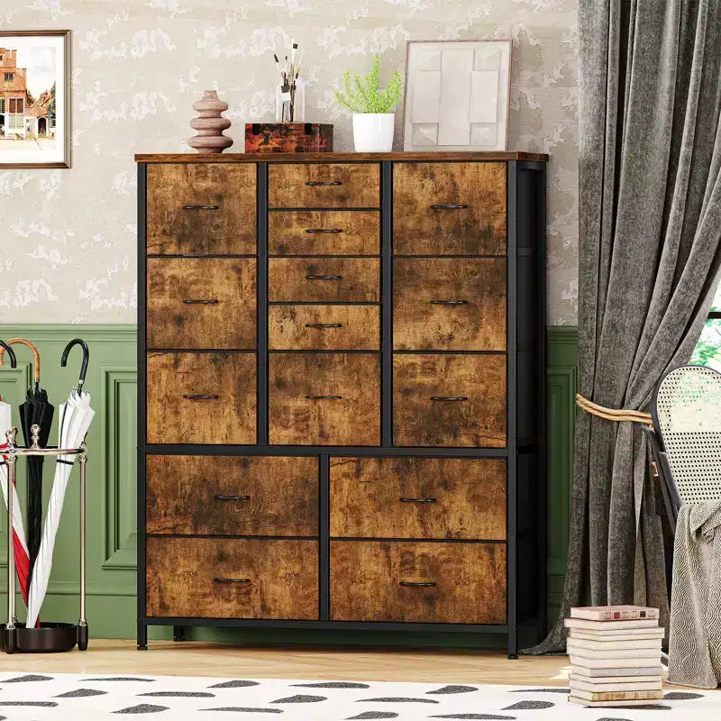 Commode Haute à 15 Tiroirs en Tissu avec Plateau en Bois et Cadre en Métal Robuste, Commode de Rangement Imprimée Grain de Bois pour Chambre, Salon et Couloir