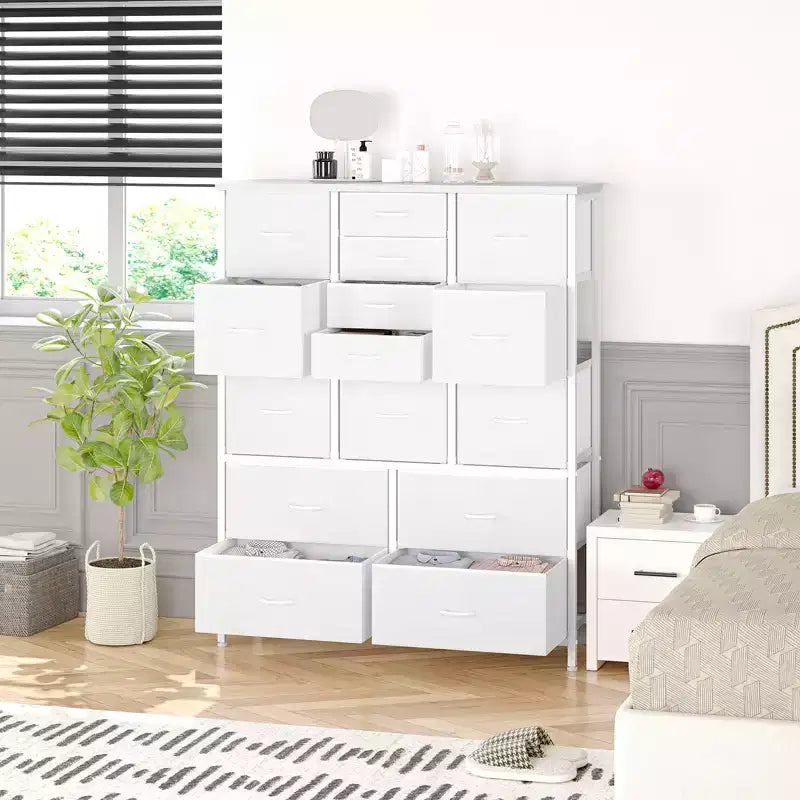 Commode Haute à 15 Tiroirs en Tissu avec Plateau en Bois et Cadre en Métal Robuste, Commode de Rangement Imprimée Grain de Bois pour Chambre, Salon et Couloir