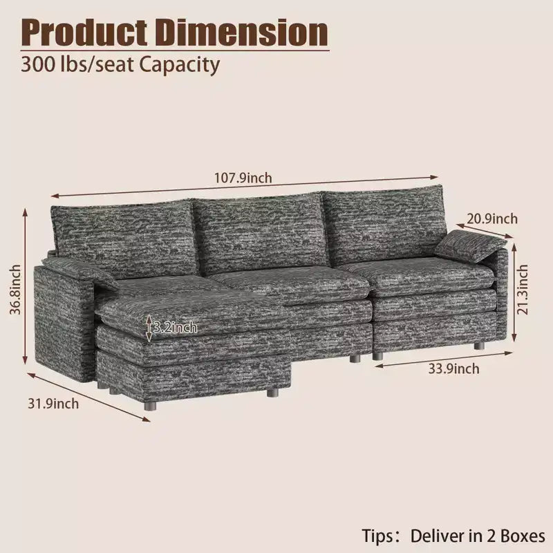 Canapé sectionnel modulaire 108" avec pouf mobile - Canapé d'angle en chenille pour salon d'appartement