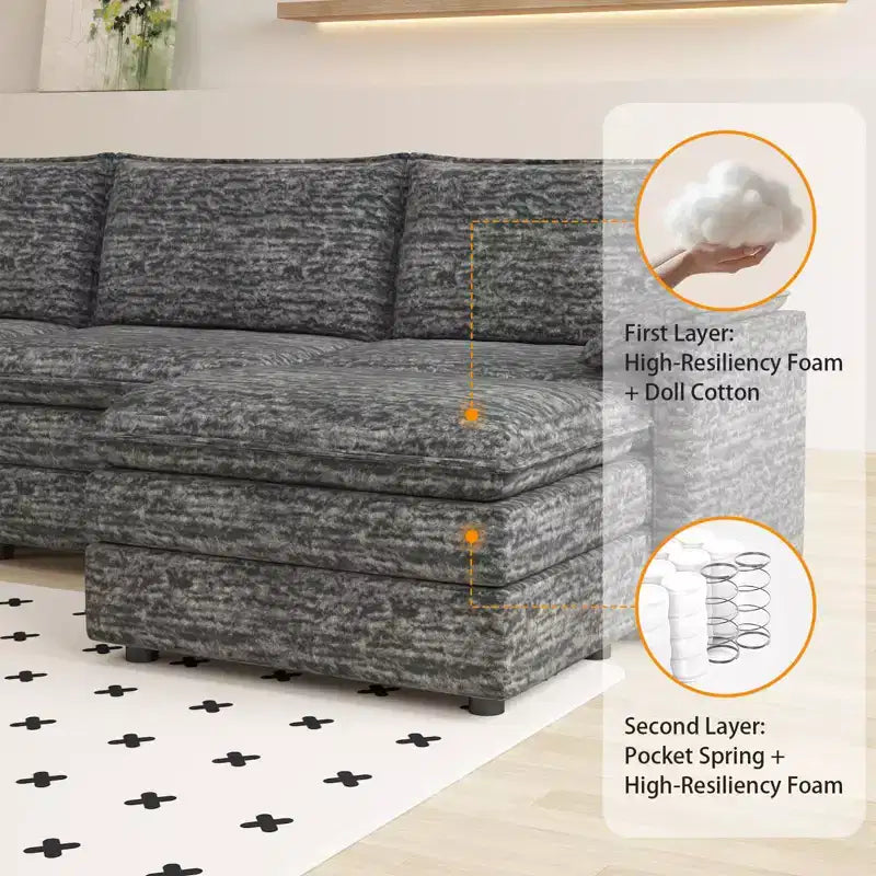 Canapé sectionnel modulaire 108" avec pouf mobile - Canapé d'angle en chenille pour salon d'appartement