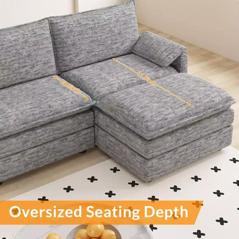Canapé sectionnel modulaire 108" avec pouf mobile - Canapé d'angle en chenille pour salon d'appartement