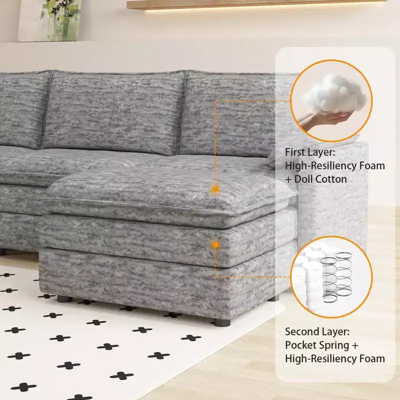 Canapé sectionnel modulaire 108" avec pouf mobile - Canapé d'angle en chenille pour salon d'appartement