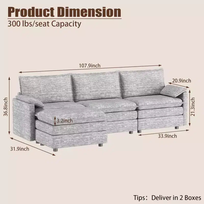 Canapé sectionnel modulaire 108" avec pouf mobile - Canapé d'angle en chenille pour salon d'appartement