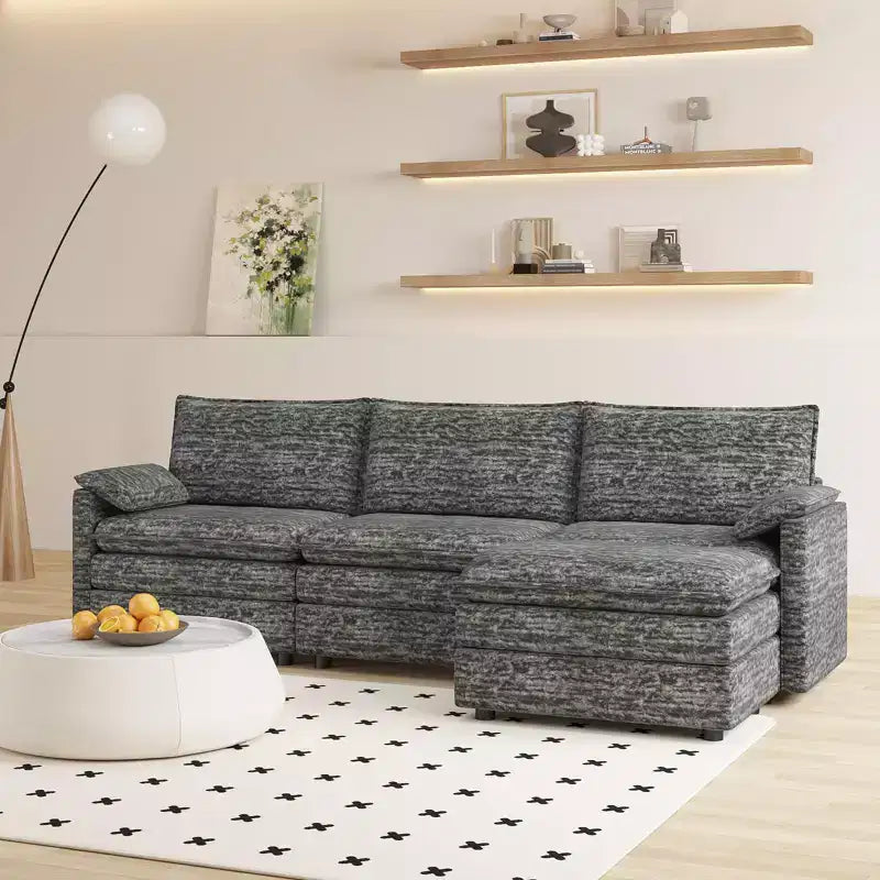 Canapé sectionnel modulaire 108" avec pouf mobile - Canapé d'angle en chenille pour salon d'appartement