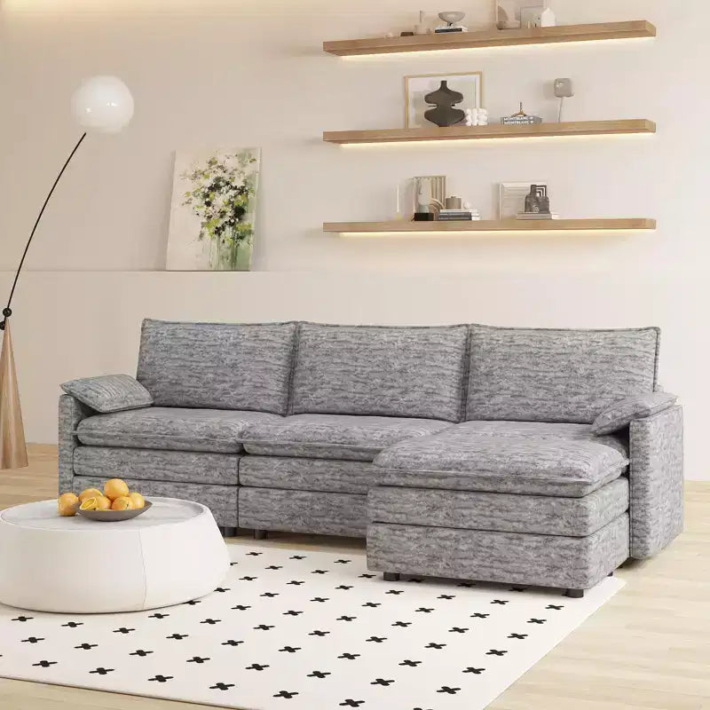 Canapé sectionnel modulaire 108" avec pouf mobile - Canapé d'angle en chenille pour salon d'appartement