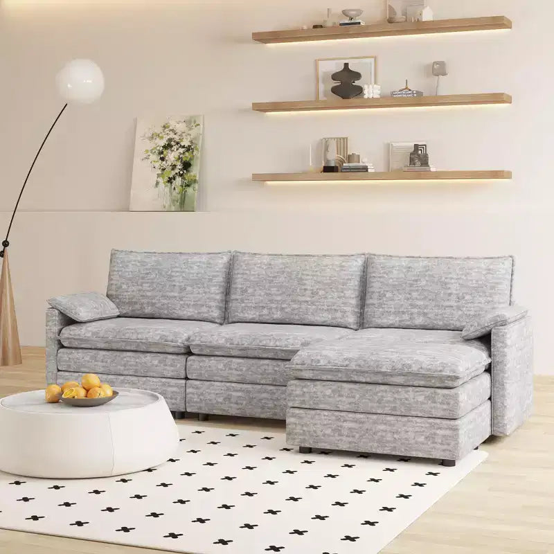 Canapé sectionnel modulaire 108" avec pouf mobile - Canapé d'angle en chenille pour salon d'appartement