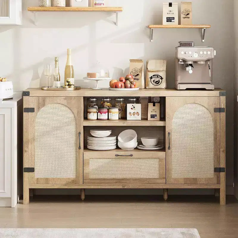 Buffet en rotin de 47,2 pouces, Armoire de bar à café de cuisine avec portes et tiroir, Enfilade bohème avec étagères réglables et poignée pour salon
