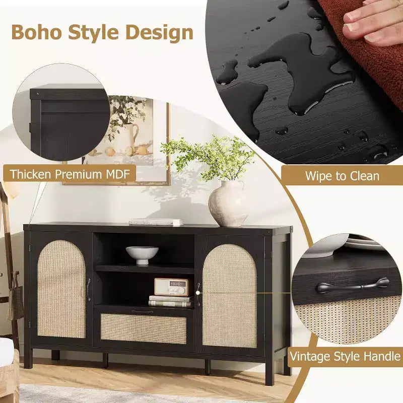 Buffet en rotin de 47,2 pouces, Armoire de bar à café de cuisine avec portes et tiroir, Enfilade bohème avec étagères réglables et poignée pour salon