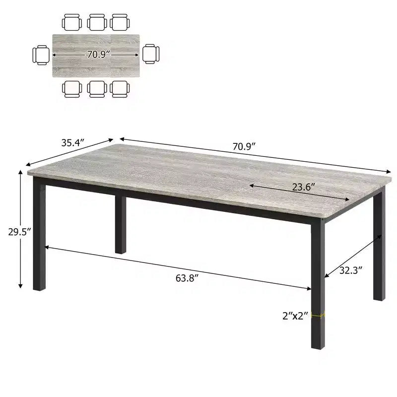 Table à manger industrielle pour 6-8 personnes, longue table de cuisine avec cadre métallique robuste et comptoir rectangulaire à bords arrondis pour le dîner