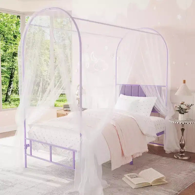 Cadre de lit baldaquin double avec tête de lit rembourrée, lit plateforme en métal pour enfants, lattes robustes, sommier tapissier non requis