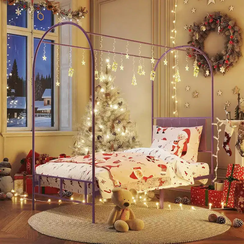 Cadre de lit baldaquin double avec tête de lit rembourrée, lit plateforme en métal pour enfants, lattes robustes, sommier tapissier non requis