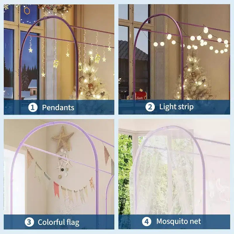 Cadre de lit baldaquin double avec tête de lit rembourrée, lit plateforme en métal pour enfants, lattes robustes, sommier tapissier non requis