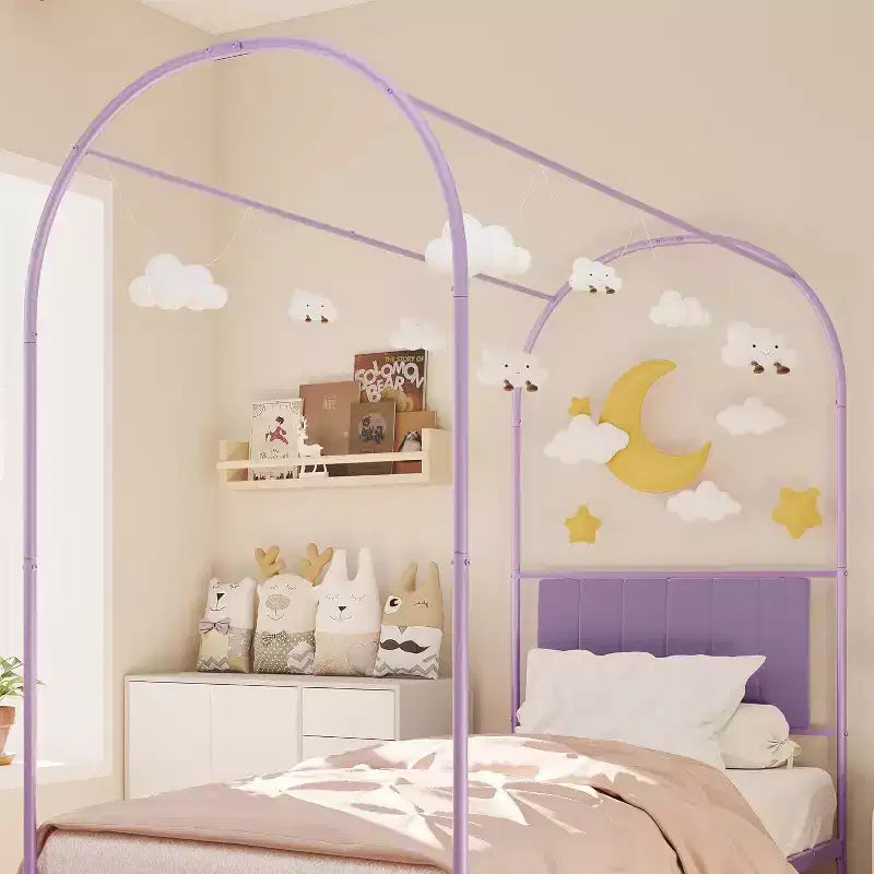 Cadre de lit baldaquin double avec tête de lit rembourrée, lit plateforme en métal pour enfants, lattes robustes, sommier tapissier non requis