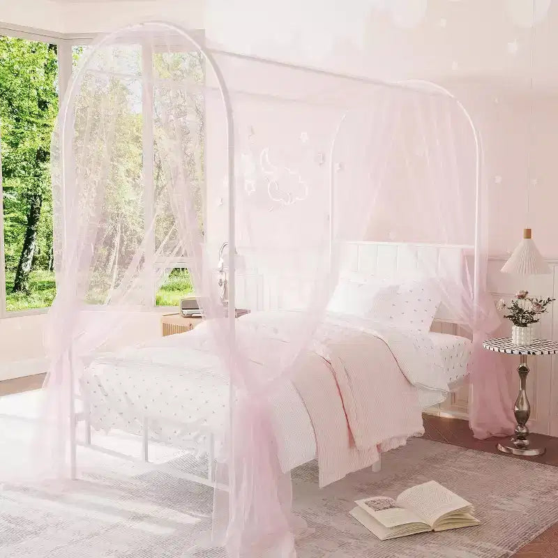 Cadre de lit baldaquin double avec tête de lit rembourrée, lit plateforme en métal pour enfants, lattes robustes, sommier tapissier non requis
