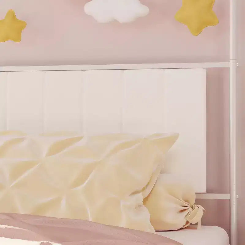 Cadre de lit baldaquin double avec tête de lit rembourrée, lit plateforme en métal pour enfants, lattes robustes, sommier tapissier non requis
