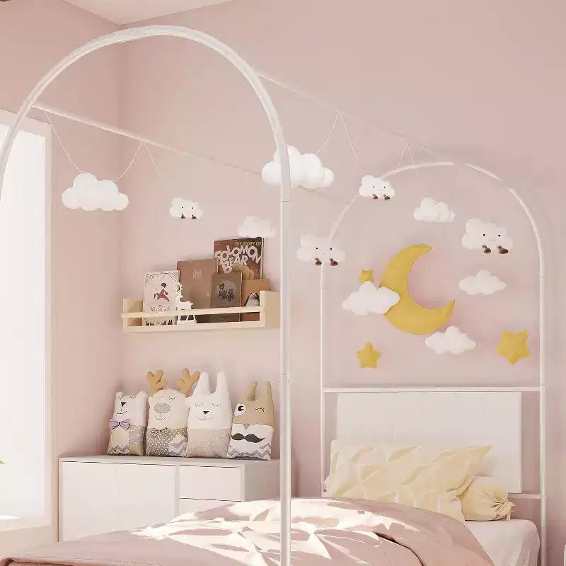 Cadre de lit baldaquin double avec tête de lit rembourrée, lit plateforme en métal pour enfants, lattes robustes, sommier tapissier non requis