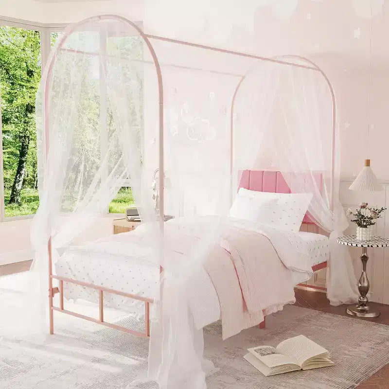 Cadre de lit baldaquin double avec tête de lit rembourrée, lit plateforme en métal pour enfants, lattes robustes, sommier tapissier non requis