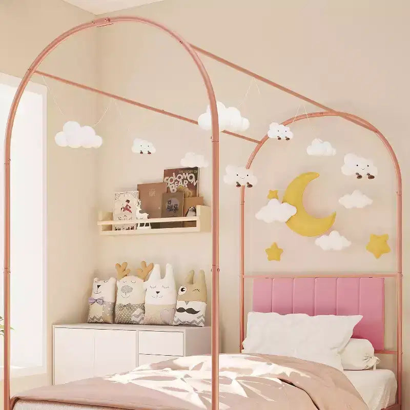 Cadre de lit baldaquin double avec tête de lit rembourrée, lit plateforme en métal pour enfants, lattes robustes, sommier tapissier non requis