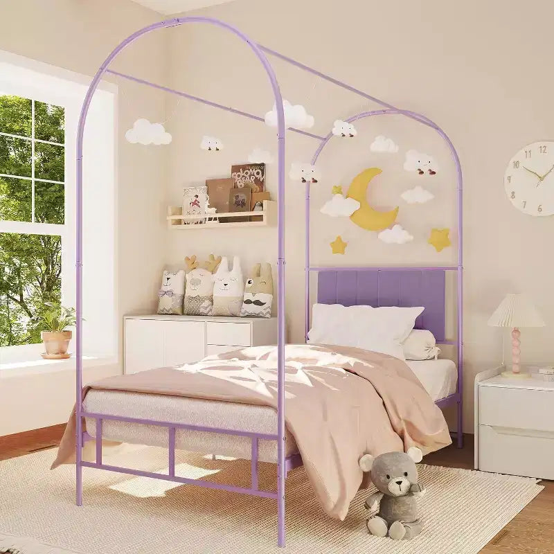 Cadre de lit baldaquin double avec tête de lit rembourrée, lit plateforme en métal pour enfants, lattes robustes, sommier tapissier non requis