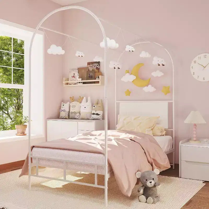 Cadre de lit baldaquin double avec tête de lit rembourrée, lit plateforme en métal pour enfants, lattes robustes, sommier tapissier non requis