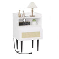 Rattan Nightstand Set of 2, White Bedside Table, Farmhouse End Table with Drawer and Open Storage Shelf, Modern Side Table for Bedroom, Living Room