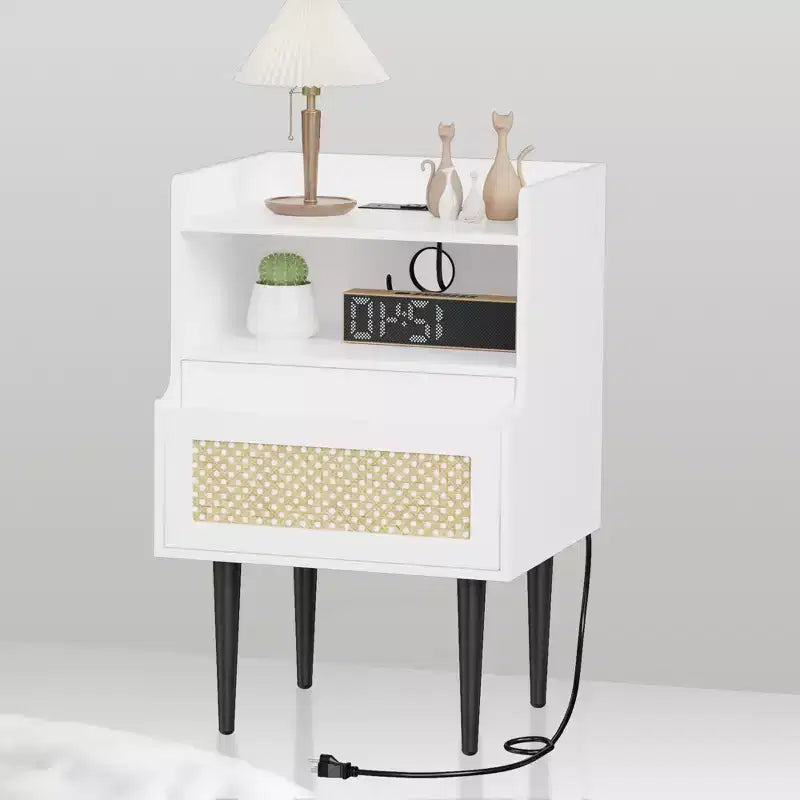 Table de chevet en rotin, Table de nuit blanche, Table d'appoint de ferme avec tiroir et étagère de rangement ouverte, Table d'appoint moderne pour chambre à coucher, salon