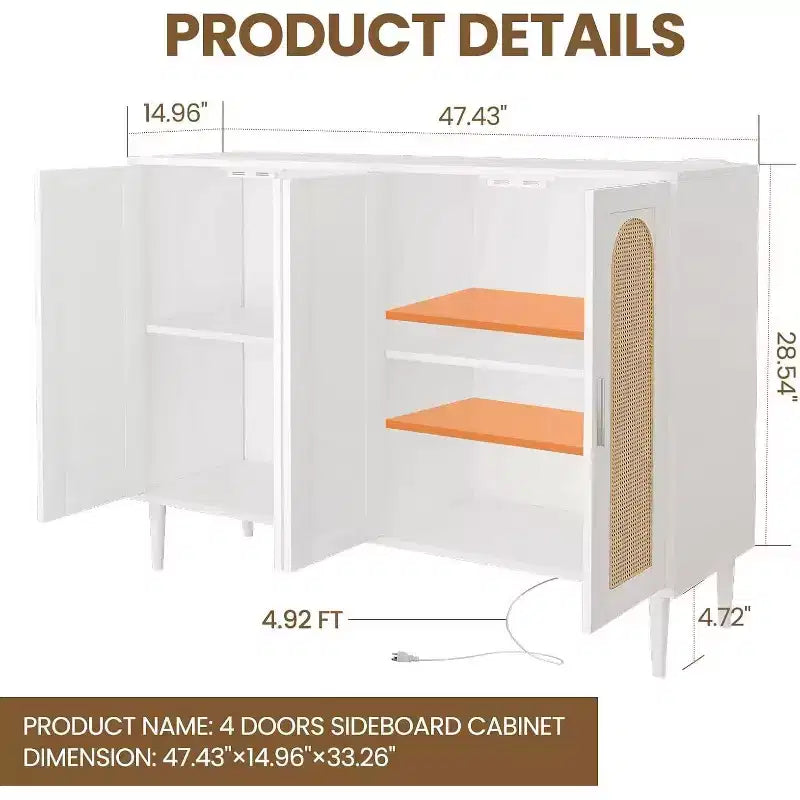 47.4 Buffet en rotin, buffet d'appoint en bois avec prise de courant, buffet en bois avec 4 portes
