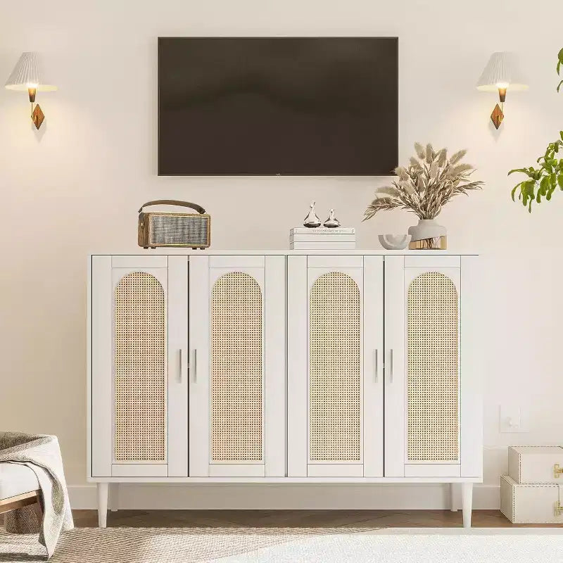 47.4 Buffet en rotin, buffet d'appoint en bois avec prise de courant, buffet en bois avec 4 portes