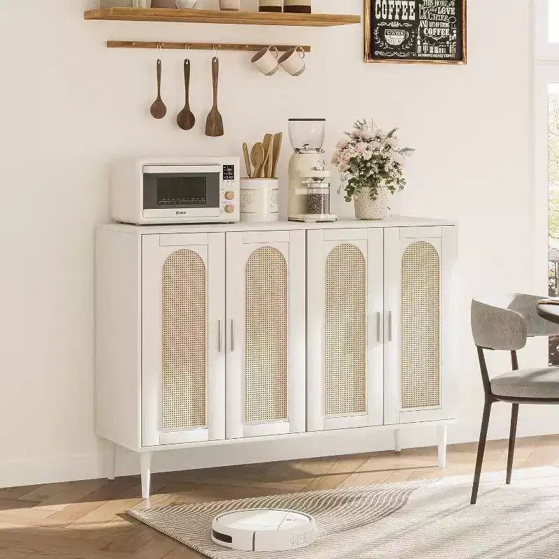 47.4 Buffet en rotin, buffet d'appoint en bois avec prise de courant, buffet en bois avec 4 portes