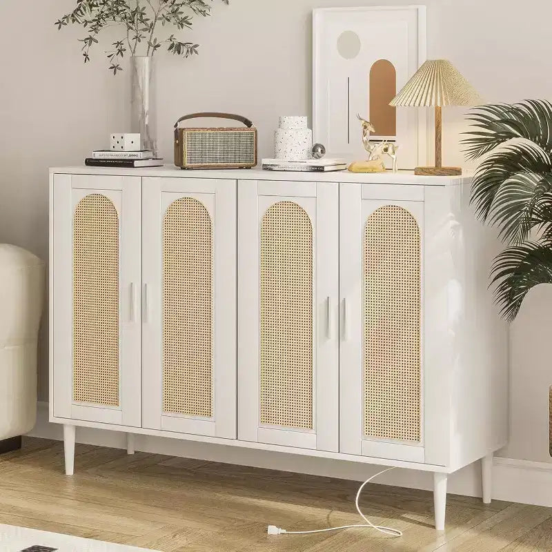 47.4 Buffet en rotin, buffet d'appoint en bois avec prise de courant, buffet en bois avec 4 portes