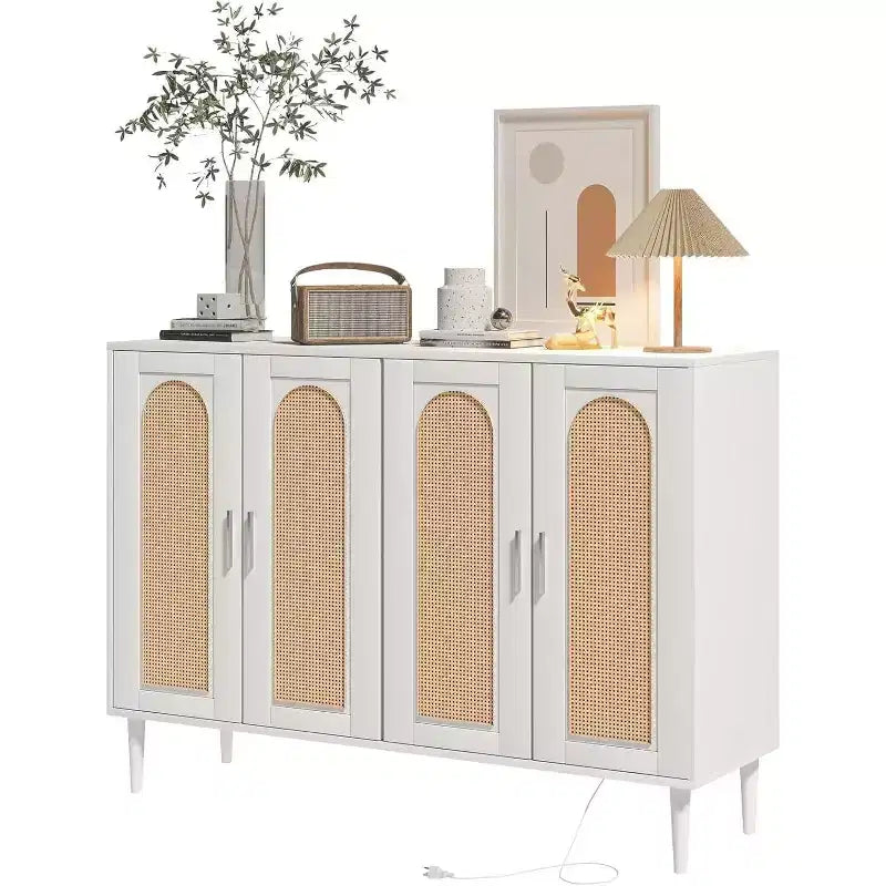 47.4 Buffet en rotin, buffet d'appoint en bois avec prise de courant, buffet en bois avec 4 portes