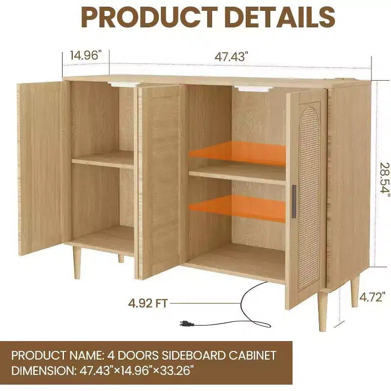 47.4 Buffet en rotin, buffet d'appoint en bois avec prise de courant, buffet en bois avec 4 portes
