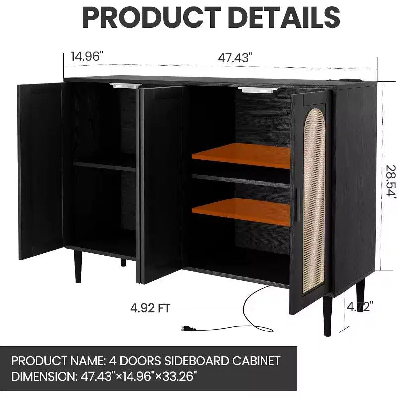47.4 Buffet en rotin, buffet d'appoint en bois avec prise de courant, buffet en bois avec 4 portes