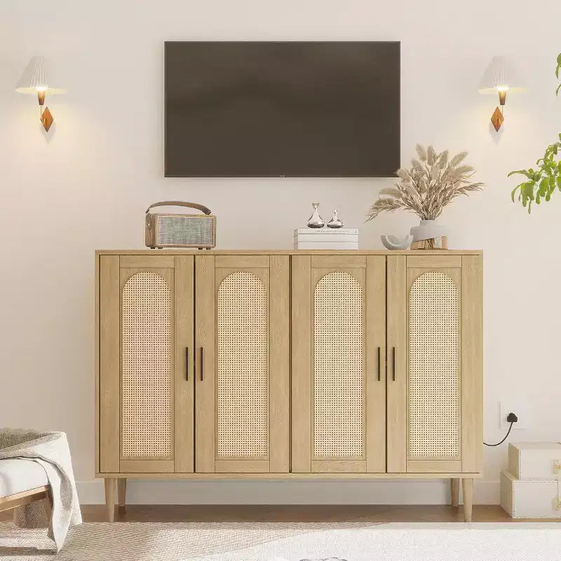 47.4 Buffet en rotin, buffet d'appoint en bois avec prise de courant, buffet en bois avec 4 portes