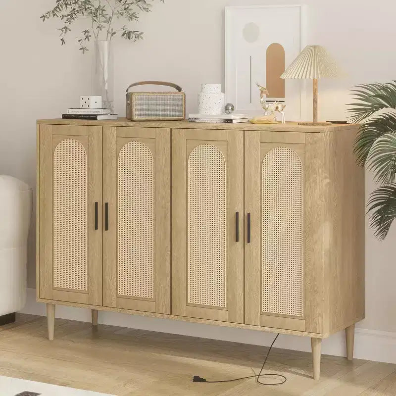 47.4 Buffet en rotin, buffet d'appoint en bois avec prise de courant, buffet en bois avec 4 portes