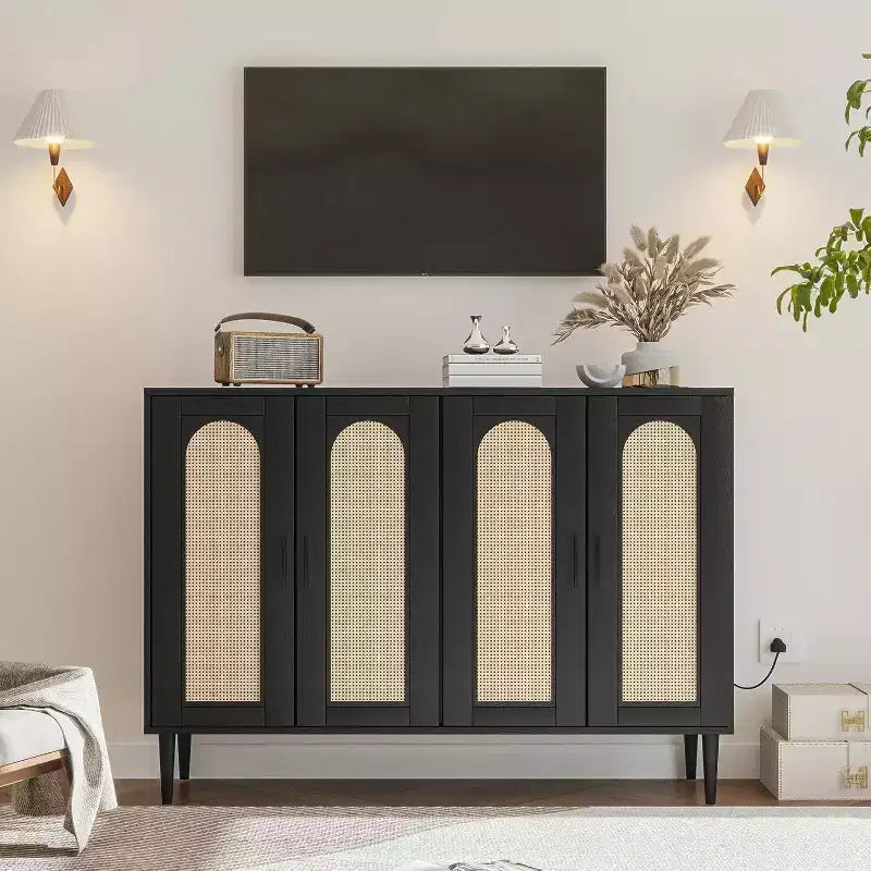 47.4 Buffet en rotin, buffet d'appoint en bois avec prise de courant, buffet en bois avec 4 portes