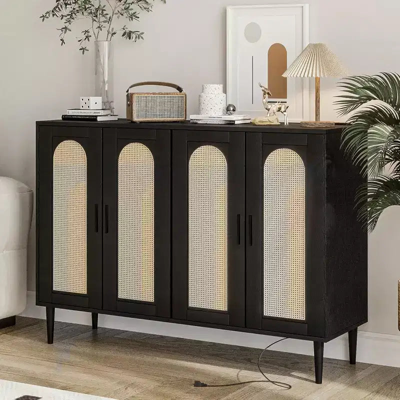 47.4 Buffet en rotin, buffet d'appoint en bois avec prise de courant, buffet en bois avec 4 portes